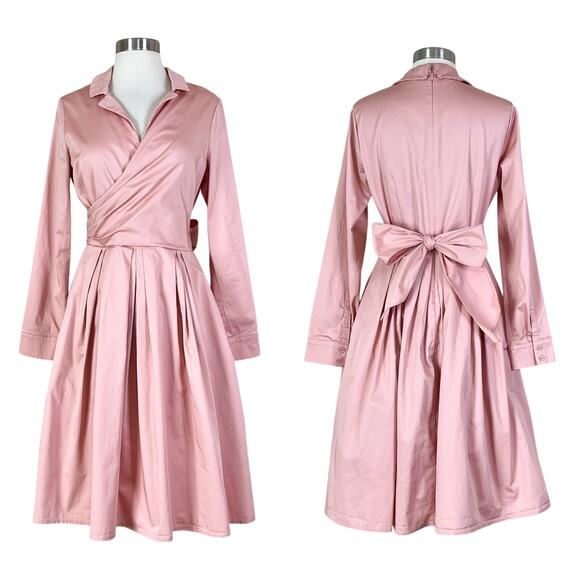 Gal Meets Glam | Elisabetta Pink Bow Wrap Retro Fit Flare 3/4 Sleeve Dress 4 - Picture 1 of 10